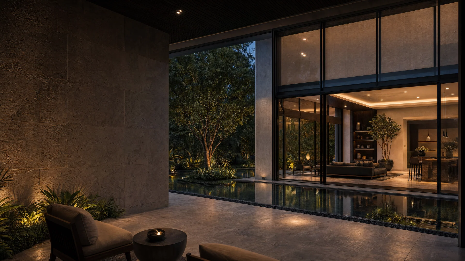 Glass-walled living room opening to a limestone courtyard and pool in tropical daylight.