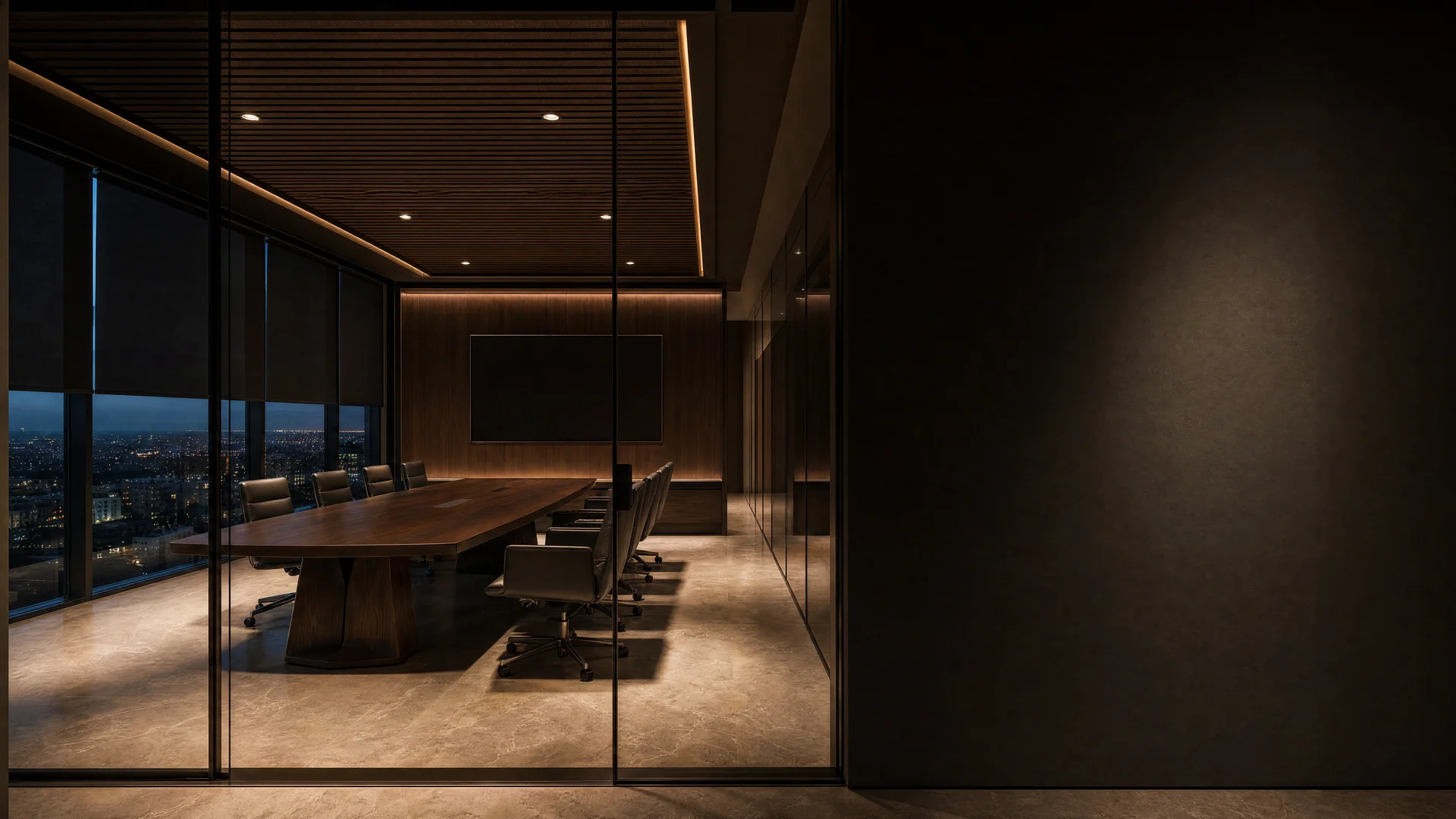 Premium executive boardroom with controlled glass, integrated lighting, and a presentation wall.
