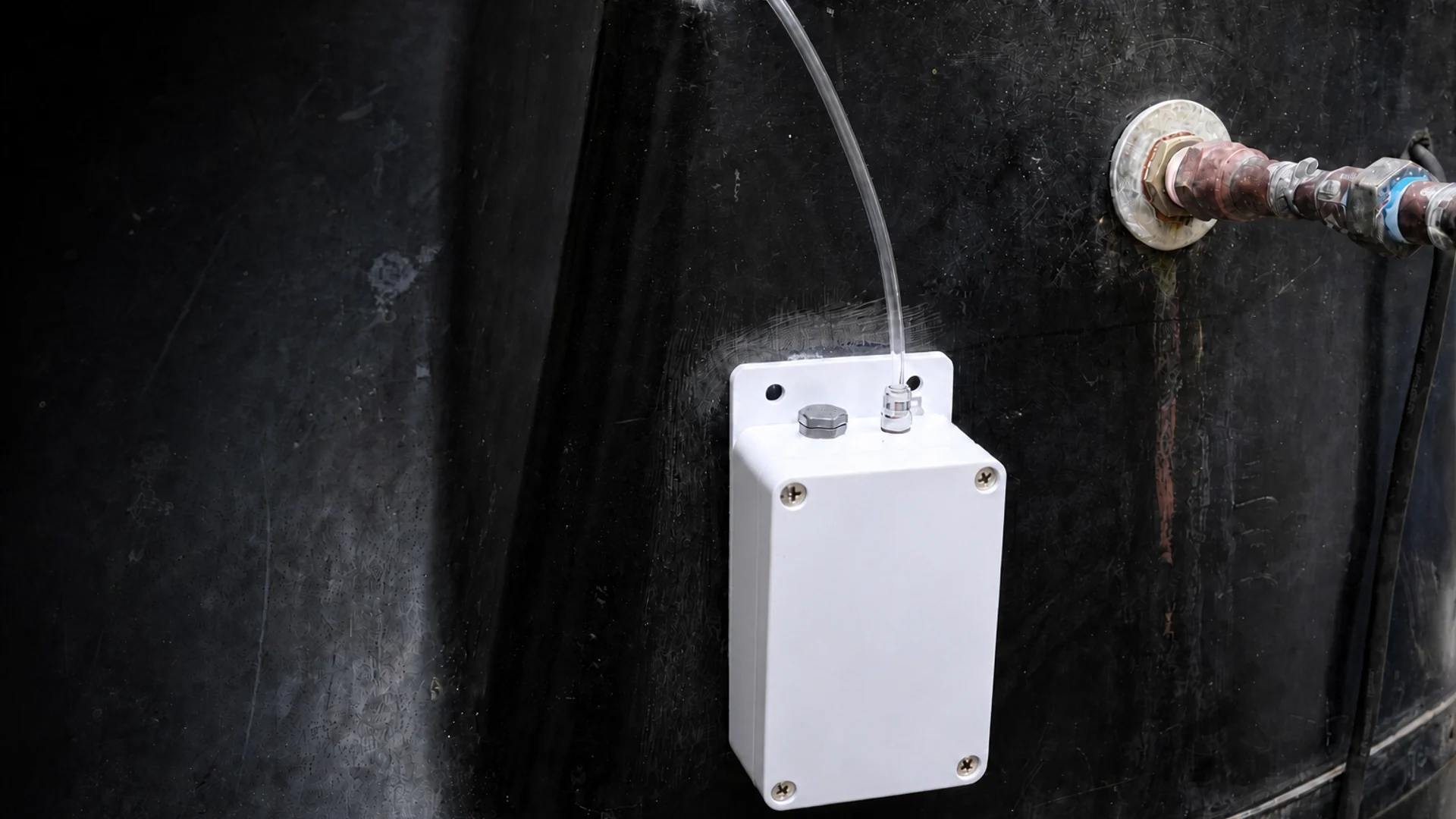 Close view of an unbranded Auctus water-level sensor enclosure mounted on a black cistern.